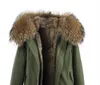 Cappotti da neve da donna Jazzevar fodera in pelliccia di coniglio marrone mini parka in tela verde militare con pelliccia di procione marrone