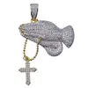 Hip Hop Ottone Doppi Colori Iced Out Micro Pave CZ Praying Hands Croce Ciondolo Collana Charm Per Uomo Donna