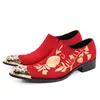 Floral Brodery Men Klänning Skor För Bröllop Prom Red Suede Läder Formella Män Business Shoes