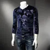 New Spring and Autumn Mens Tops Long-sleeved T-shirts Golden Velvet V-neck Youth Korean-style Slim Bottoming Shirts Trend Casual Flower