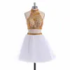 Abiti Quinceanera in due pezzi in oro bianco online Abiti corti da ritorno a casa dolci con perline di cristallo Abiti da ballo da cocktail DH978