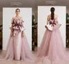 Elegant utanför axelkvällsklänningen Ruffles Appliques Satin Skede Golvlängd Saudiarabien Puplum Avtagbar tåg Formell Prom Dress