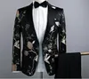 2018 nya tidvattnet män svart blommigtryck mode casual kostymer senaste kappa byxa designar bröllop brudgummen scen kostym