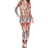 무대 착용 플러스 사이즈 여성 부족 문신 인쇄 메쉬 Jumpsuit Romper Curvy African Aztec Bodysuit 연예인 Catsuit Tracksuit