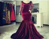 Burgundy Velvet Long Prom Dresses Sheer Long Sleeves Scoop Neckline Evening Gowns Zipper Back Mermaid Saudi Arabic Formal Party Dress