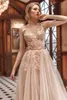 ペスタル羽の3 dフローラルアップリケ結婚式のドレスはビーズライトピンクとブライダルガウンジッパーVシアーネックヴェスディドデノヴィア