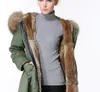 fashion women warm jackets Brown raccoon fur trim MEIFENG Khaki rabbit fur lining army green canvas long parkas