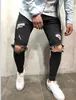 Hommes déchiré mode trous Jeans droit Slim élastique Denim Fit Jean noir Skinny Jeans mâle Long pantalon Jeans pantalon