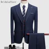 Bridalaffair Alta Qualidade Men Suit Set 3 Pcs Azul Marinho Prom Casamento Impresso Xadrez Ternos Do Noivo Sob Medida Tuxedo (Jacket + Pants + Vest)