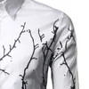Men 2017 Branches Ink Printing Mens Dress Shirts Casual Slim Fit White Black Chemise Homme Cotton Shirts Men