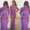 Saudiarabisk High Neck Mermaid Prom Dress Lace Applique Pärlor Sheer Långärmade Kändis Party Klänning Sexiga Kvinnor Kväll Kappa Formella Klänningar