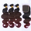 # 1B / 4 / 99J Brésilien Trois Tons Ombre Bundles de Tissage de Cheveux Humains avec 4x4 Fermeture de Dentelle Vin Rouge Ombre Cheveux Vierges Tisse avec Fermeture