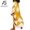 Anself New Summer Women Chiffon Long Kimono Cardigan Contrast Print Beach Cover Up Loose Casual Blouse Top White/Blue/Yellow