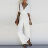 Summer Women V Neck Loose Playsuit Party Ladies Romper Short Sleeve Chiffon Solid Long Jumpsuit