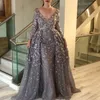 Elegant Long Sleeves Prom Dress With Overskirt Sexy V-Neck Beads Lace Floral Applique Mermaid Evening Gown Stylish Arabia Evening Prom Dress