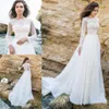 2020 Beach Bohemian Country A Line Abiti da sposa Illusion maniche lunghe Applicazioni in pizzo Maniche lunghe Bottone posteriore Sweep Train Abiti da sposa