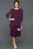 Purple Beaded Two Pieces Mother Of The Bride Dresses Jewel Neck Plus Size Wedding Guest Dress Long Sleeves Tea Length Chiffon Evening Gowns