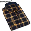 SHOWERSMILE Camisa a cuadros amarilla Hombres Algodón Camisa a cuadros roja Hombre Slim Fit Casual Manga larga Otoño Invierno Ropa Nuevo