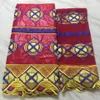 5Yards Top sale wine african Bazin brocade fabric with yellow embroidery and 2yards french net lace for dressing BZ19-7