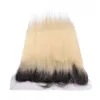 Virgin Peruvian blonde ombre mänskliga hårbuntar handlar 3st med fulla främre mörka rotade ombre blonda hårväv med spets frontal 13x4