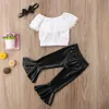 2018 Novas criança Meninas Roupas Crianças roupa do bebê da menina Set Strapless Tops PU couro Alargamento Pants Headband 3Pcs Meninas do verão Roupa Conjuntos