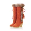 Mulheres Quentes Mid-calf Botas de Pele De Raposa Do Joelho Botas de Franja de Franja Alta Botas de Neve Botas de Inverno Sapatos Femininos BX504