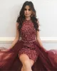 Sparkly Maroon Red Short Prom Dresses Jewel Neck Sleeveless Crystal Beading Sheath Tulle Over Skirt Cocktail Party Dresses Pageant Dresses