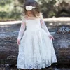 White Lace Jewel Neck Flower Girls Dresses For Weddings Long Sleeves Floor Length Infant Children A Line Birthday Party Dresses
