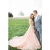 2018 vintage blozen roze trouwjurken plus size pure nek mouwloze geappliceerde tule kathedraal trein western country stijl bruidsjurken