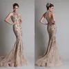 Zuhair Murad 2020 Evening Dresses High Neck Sweep Train Champagne Mermaid Prom Gowns Appliques Buttons Back Special Occasion Dress