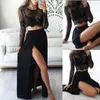 2Pcs Sexy Women Clubwear Lace See Through Long Sleeve T-shirt Crop Tops High Waist Side Split Black Solid Party Long Maxi Skirt