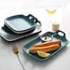 Piatti piani in ceramica stile Zakka giapponese Finitura opaca Due manici Piatti quadrati da 8 pollici per bistecca Riso Pasta Insalata Torta Bianco Nero Verde