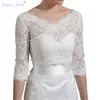 2019 nouvelle dentelle veste de mariée col en v boléros de mariage manches 3/4 applique blanc / ivoire froncé vestes bon marché Wraps boutons recouverts avec dos en v