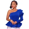 Ruffles One Shoulder Fashion Blouse Shirts 2017 Höst Elegant Svart Blå Långärmad Peplum Blusar Slim Blusas Sexiga Kvinnor Toppar