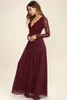 Burgund Chiffon Brautjungfer Kleider Langarm westliche Landstil Vneck Hochzeitsparty Kleider Rückenfreier Long Beach Hochzeit GU9687793