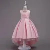 Vestidos de niña de las flores de satén bastante alto y bajo Color cian 2018 Vestidos con apliques de cuentas para niñas Vestido de fiesta para niños D01