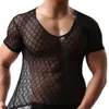 Fashion Mens Sexy T-shirt Singlet Plaid Transparent Mesh V Neck T Shirts Gay Male Exotic Tshirt Club Wear Sleepwear Undershirt