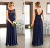 Druhna Dresses 2020 Nowy Tani kraj na Wesela Navy Blue Jewel Neck Koronki Aplikacje Długość podłogi Plus Size Formalna Maid of Honor Suknie