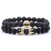 Fashion Crown Skull Bracciale in pietra naturale Micro-intarsio Rame Zirconia Pietra lavica Bracciale perline Gioielli in roccia vulcanica