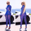 Distyle Mesh Jumpsuit Sexy Vrouwen Blue Fire Gedrukt Bodysuit Turtleneck Doorzichtige Skinny Lange Mouwen Dames Party Jumpsuits