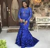 Dresses Evening Royal Blue Jewel Long Illusion Lace Applique Sheer Neck Prom Mermaid Back Zipper Custom Made Gowns