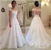 2020 Modest New Lace Appliques Wedding Dresses A line Sheer Bateau Neckline See Through Button Back Bridal Gown Cap Sleeves