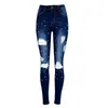 Eas-Spring Autumn Broderade Slim Skinny Jeans Kvinnor Fashion Hollow Out Hole Rippade Byxor Tryck upp Hög Midja Denim (Blå)