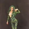 Nieuwigheid vrouwelijke groene jumpsuit knipperende stretch leotard elastische rompertjes nachtclub bar zanger dj ds kostuum sexy jazz show outfit