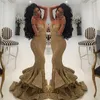 2018 New Designer Bling Gold Speecins Mermaid Prom Dresses Spaghetti Open Back Ruffles Swee