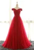 安くショルダーの赤いチュールのイブニングドレスパーティーガウン2017スイープ列車プリーツプラスサイズのコルセットの正式なウエディングドレス