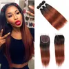 Colored Brazilian Ombre Auburn Human Hair 3/4 Bundles With Closure Two Tone Brazilian 1B/33# Straight Auburn Hair Weave With Closure