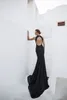 Sexig ihålig rygg sjöjungfru promklänningar halter halsringning bröstkorg utsatt svart formell klänning kväll chiffong pärlstav gäst klänningar