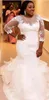 Robes de mariée en dentelle sirène grande taille 2019 Nouveau 3 4 Manches longues Robes de mariée africaines Courtl Train Volants Tulle Sheer Bridal Gow251K