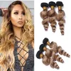 Ombre Mel Loira Peruano Virgem Do Cabelo Humano Tece Tramas Duplas 3 Pcs Onda Solta 1B / 27 Castanho claro Ombre Feixes de Cabelo Humano Ofertas 10-30 "